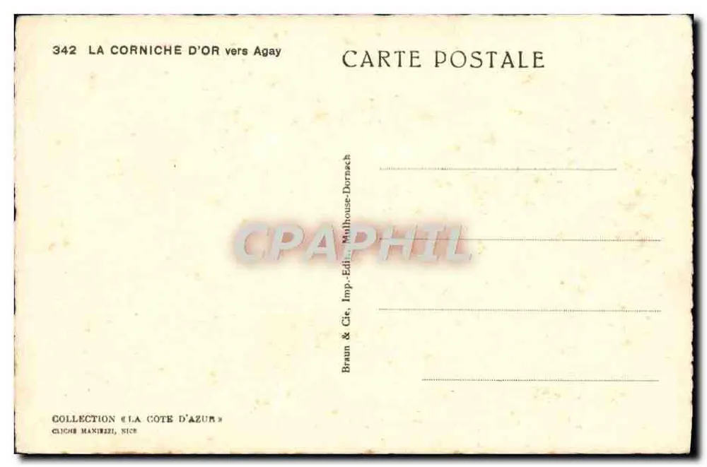 La Corniche d'Or vers Agay — vue panoramique de la côte avec pins et falaises — éditeur Braun & Cie, Imp. Malhouse-Dornach - Verso