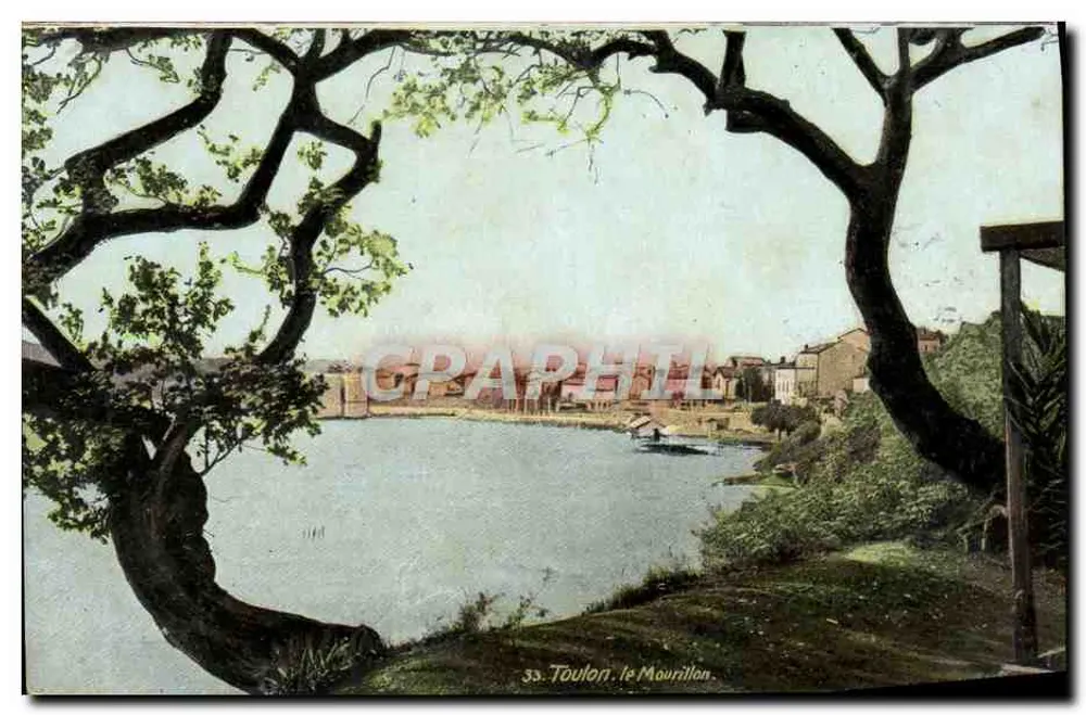 Toulon, o Maurillon — vista do porto enquadrado por árvores — editor L.V. & Cie, n°33 - Frente