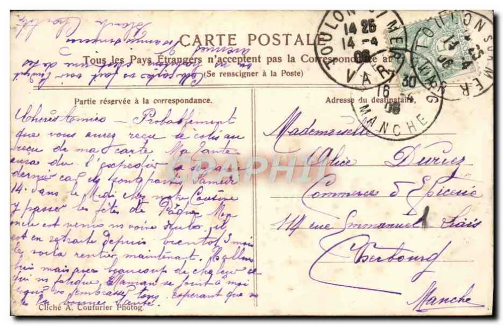 Toulon - Le Mourillon - La Mitre — Bilhete postal antigo n°61, editada por Cliché A. Couturier - Verso