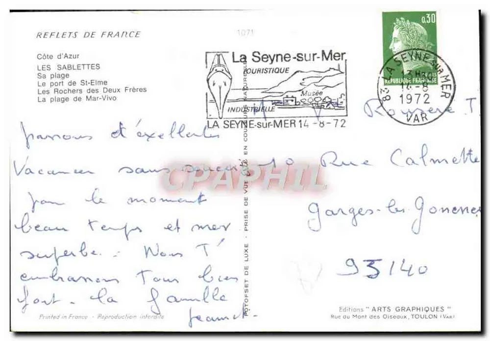 Les Saplettes — Costa Azul — Edições 'Arts Graphiques', Toulon - Verso