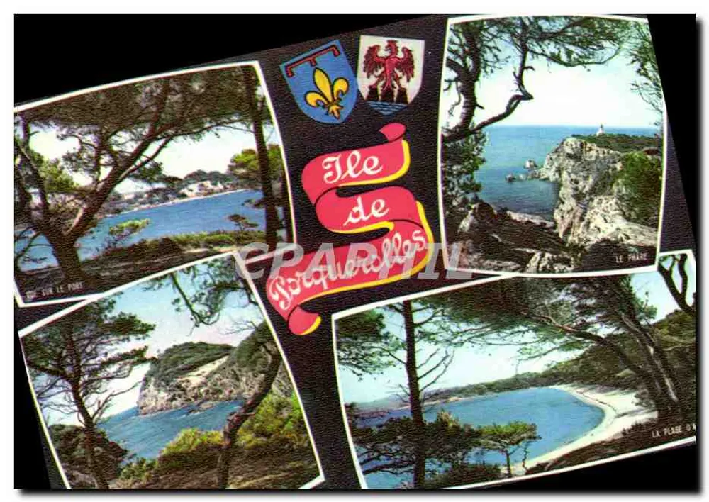 Ilha de Porquerolles — Vista da praia, do porto e do farol — Fotógrafo Porquerolles (Var) - Frente