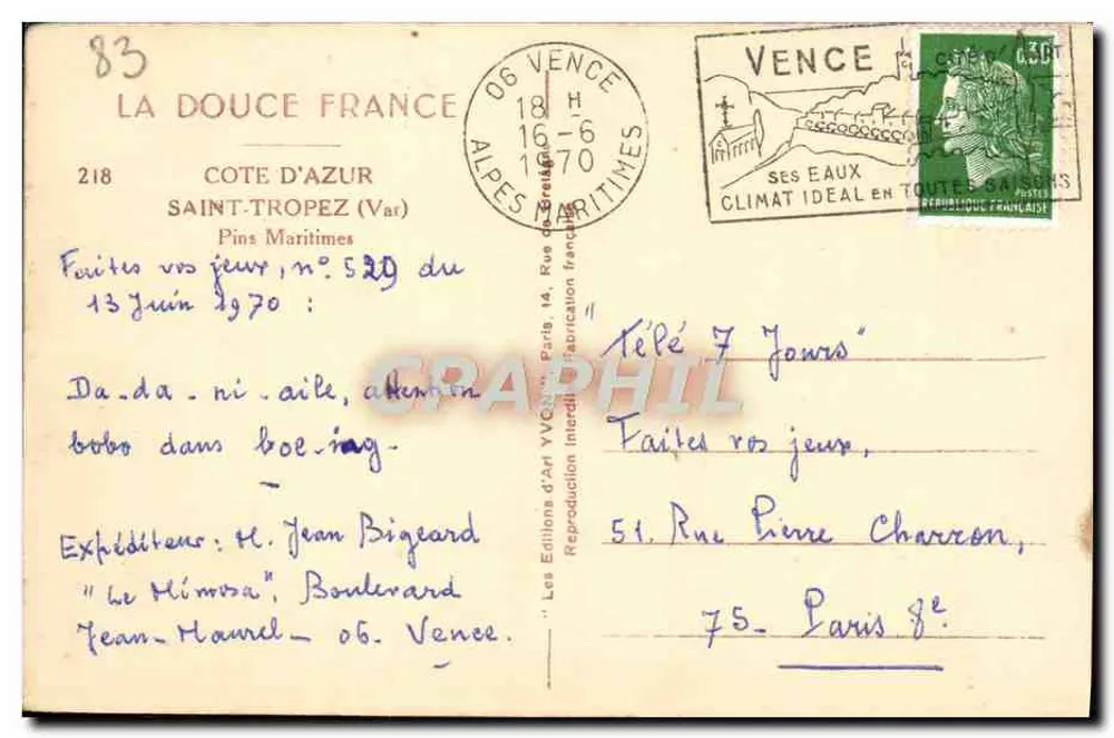 Pins Maritimes — Saint-Tropez (Var) — Éditions d'Art Yvon, n° 218 - Verso