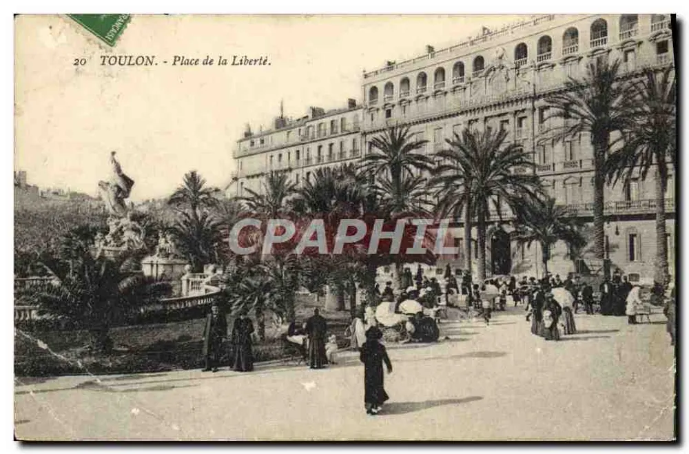 Toulon - Place de la Liberté — vue de la fontaine et du bâtiment à arcades, éditeur Établissements Sinéne par Ollivier des Mar - Anverso