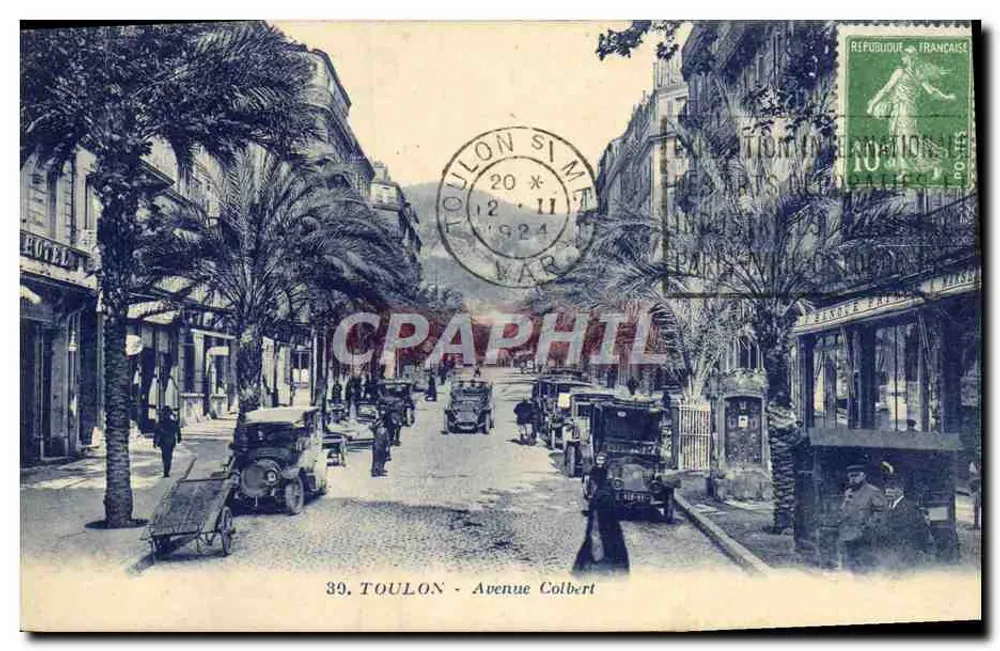 Toulon - Avenida Colbert — vista da rua com palmeiras e carros — G. Artand, editor, Nantes - Frente