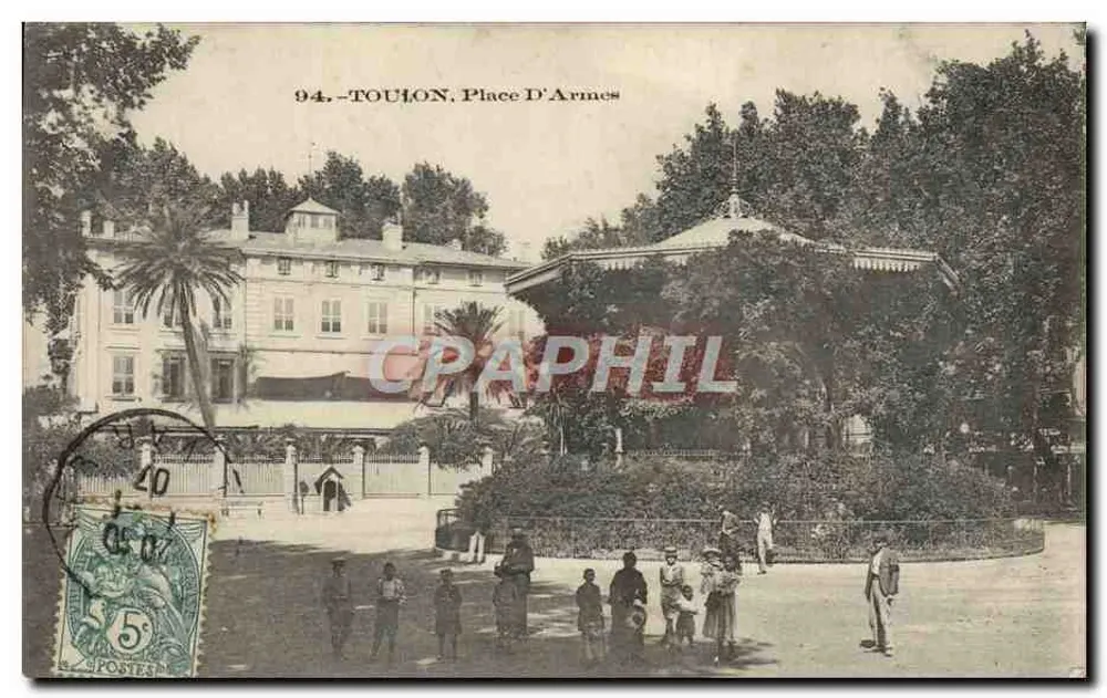 Toulon - Place d'Armes — vista da praça com edifício e quiosque, editor não identificado, n° 94 - Frente