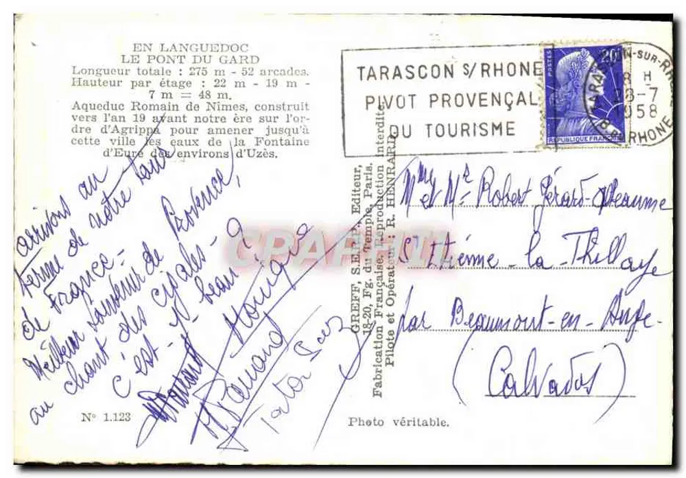 Pont du Gard — Aqueduc Romano de Nîmes — Editor Greff, Paris, N° 1.123 - Verso