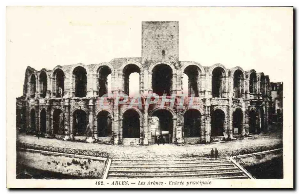 Arles - As Arênes - Entrada principal — Bilhete postal antigo n°402 — Edição J. Georges, Arles - Frente
