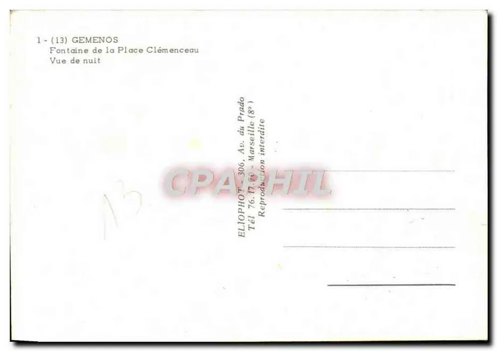 Gemenos — Fontaine de la Place Clémenceau — Nachtsicht — Verlag ELIOPHOT - Rückseite