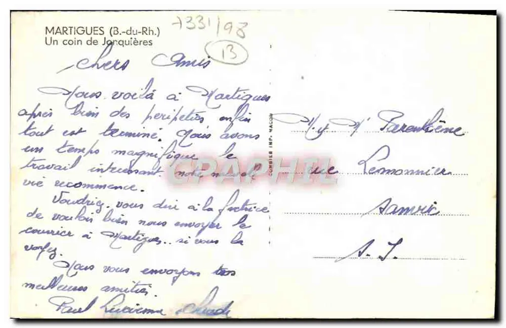 Martigues (B.-du-Rh.) — Um canto de Jarquière — editor C. G. M. MACON, n° 13 - Verso
