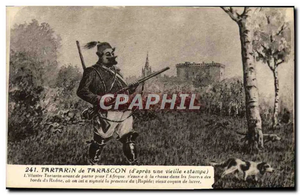 Tartarin de Tarascon — O ilustre Tartarin antes de partir para a África, se exercitando na caça nos matos às margens do Rio Rhône, onde lhe foi indicada a presença do (Rápido) velho coelho malandro — edição não datada - Frente