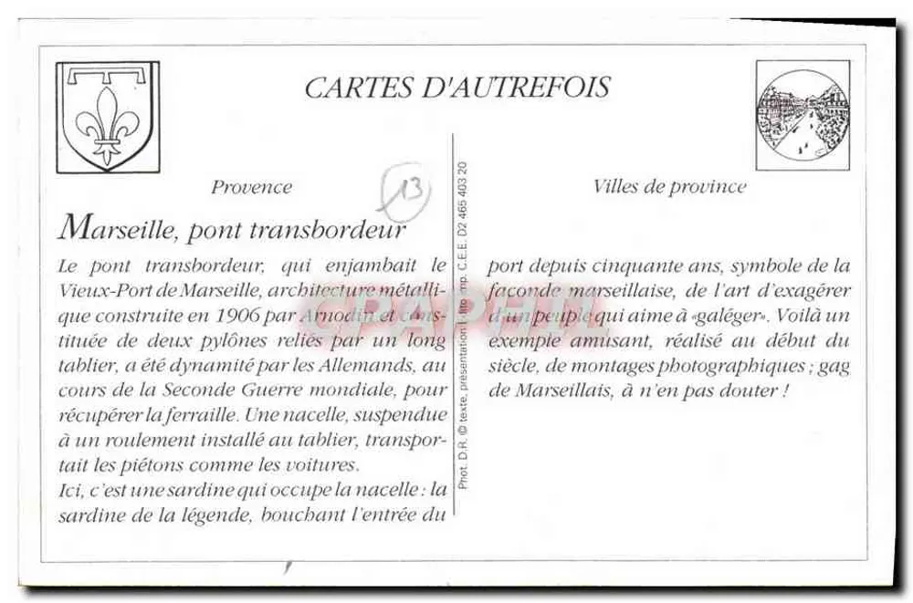 Marselha, ponte transbordadora — editor Cartes d'Autrefois, n°13 - Verso