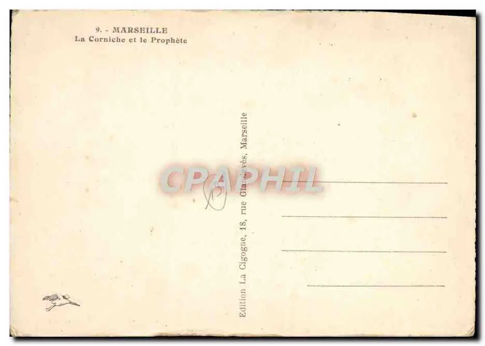 Marselha — A Corniche e o Profeta — Édition La Cigogne, 18, rue Glaudès, Marselha - Verso