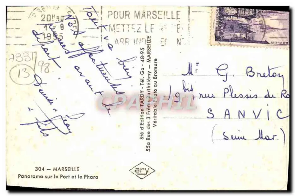 Panorama über den Hafen und den Pharo — 304 — MARSEILLE — Sté d'Édition TARDY - Rückseite