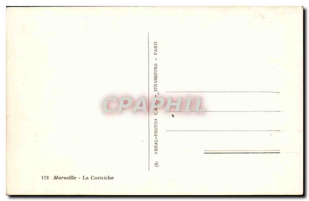 Marselha - A Corniche — vista do Cabo — editor C.A. Strasbourg - Verso