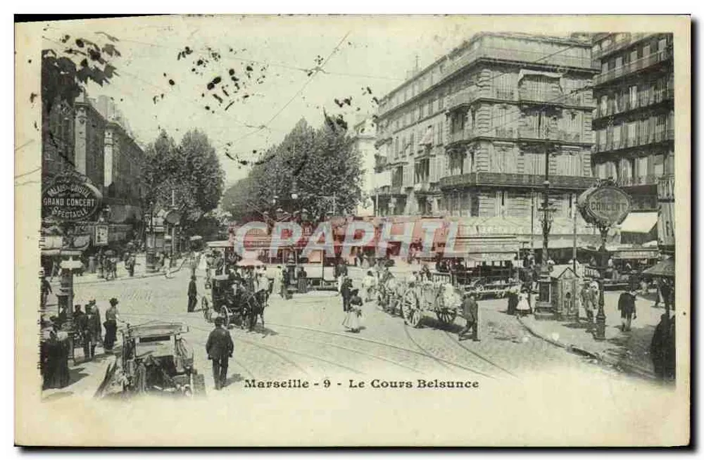 Marseille - 9 - Cours Belsunce — widok z ruchem tramwaju i napisem 'Grand Concert' - Awers