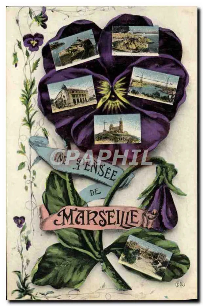 Pensamento de Marselha — carta postal decorativa com vista da cidade — editor E.B. (verso) - Frente