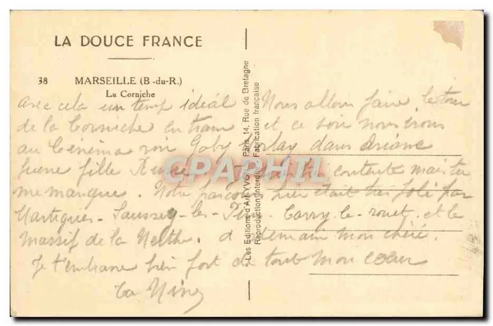 A Corniche — Marselha (B.-du-R.) — Les Éditions d'Art Véron, n°38 - Verso