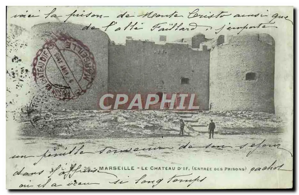 Marselha - O Castelo de If (Entrada das Prisões) — vista da prisão de Monte Cristo assim como da ilha do Faillard, editor desconhecido - Frente