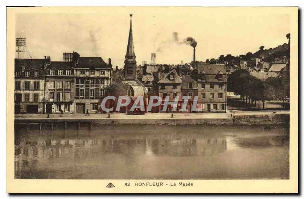 Honfleur - O Museu — vista do porto com igreja e chaminé fumegante — C° Alinéodéma des Arts Photomécaniques - Strasbourg, n°43 - Frente