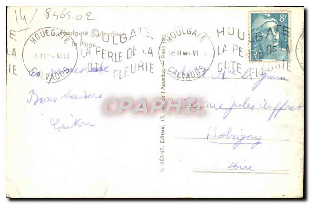 Praia de Houlgate — Vista animada com cabanas e edifício com torre — C. Réant, Editor, 15, rue de l'Aqueduc, Houlgate (Calvados) - Verso