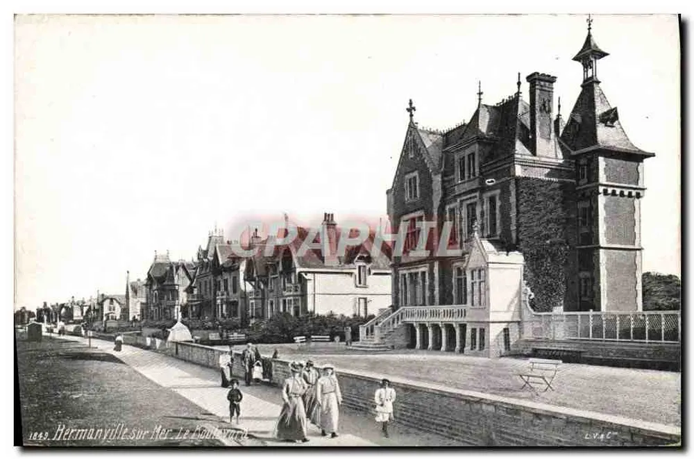 Hermanville-sur-Mer. O Boulevard — vista da promenade e de um edifício com arquitetura gótica — editor L.V.4C - Frente