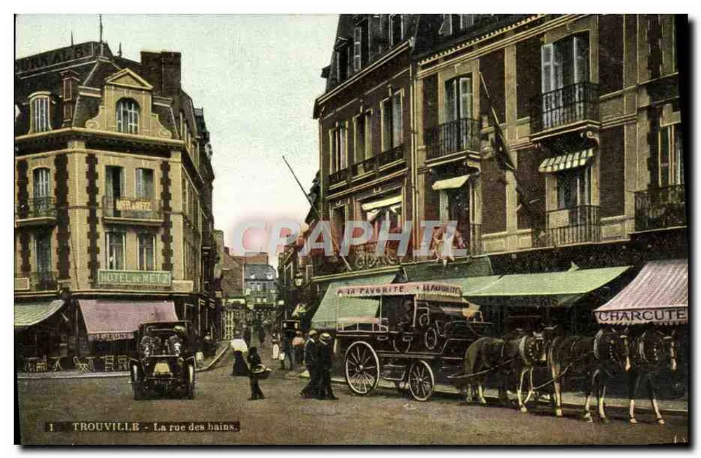 TROUVILLE - Die Straße der Bäder — Ansicht der Straße mit Hotel, Wursterei und Pferdefuhrwerk - Vorderseite