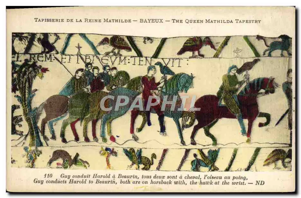 Tapisserie der Königin Mathilde — Bayeux — Die Tapisserie der Königin Mathilde — Szene 110: Guy führt Harold nach Beaurin - Vorderseite