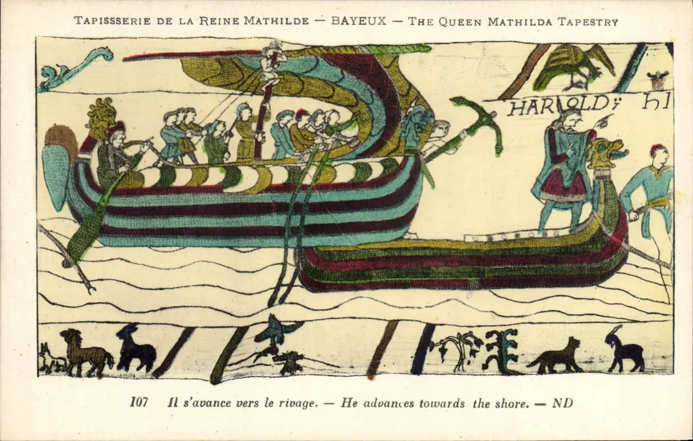 Tapisserie der Königin Mathilde — Bayeux — Szene eines Schiffes, das zum Ufer fährt - Vorderseite