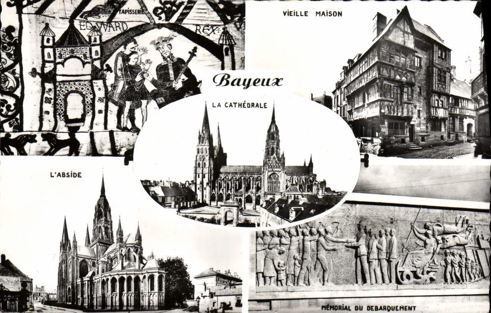 Bayeux — Kathedrale, Tapisserie von Edward Rex, Altes Haus, Landungsgedenkmal — Real Photo - Vorderseite