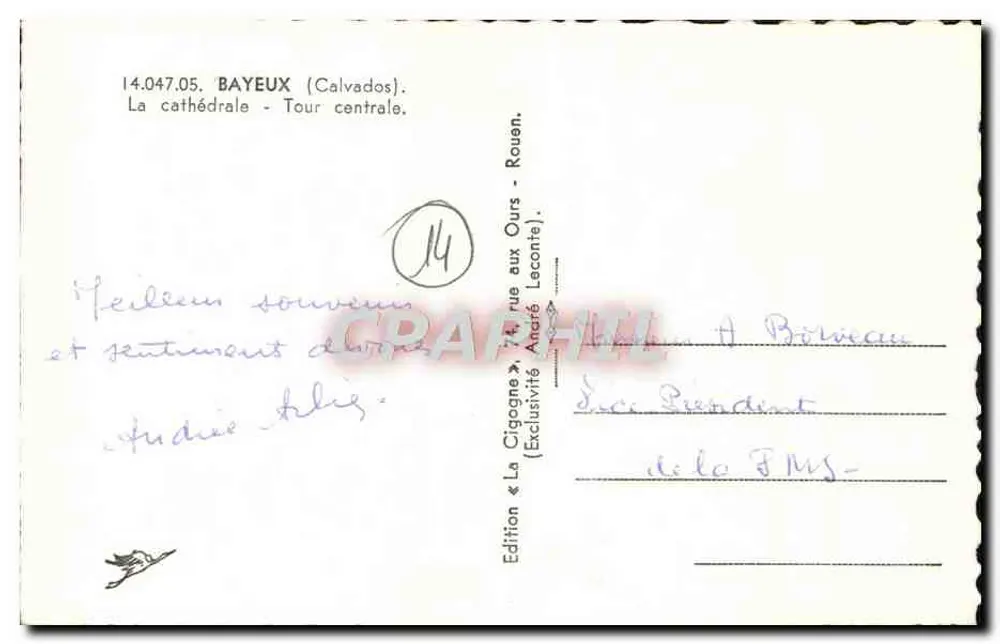 Bayeux — Catedral — Torre central — Edição La Cigogne - Verso