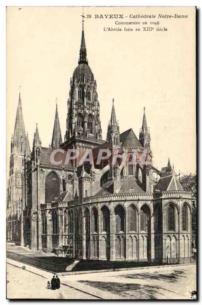 Bayeux - Catedral Nossa Senhora — iniciada em 1046, abside do século XIII — Livraria R. Deslaurier, Bayeux - Frente