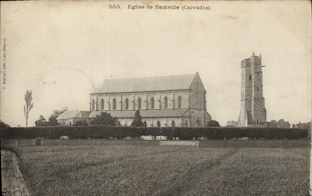 Igreja de Bainville (Calvados) — vista do edifício com seu campanário — J. Béat, editor Caen (Dép.) - Frente
