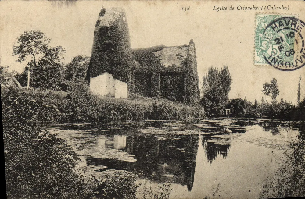 Igreja de Criquebœuf (Calvados) — ruínas cobertas de videira, refletidas em um lago — editor desconhecido, n° 138 - Frente