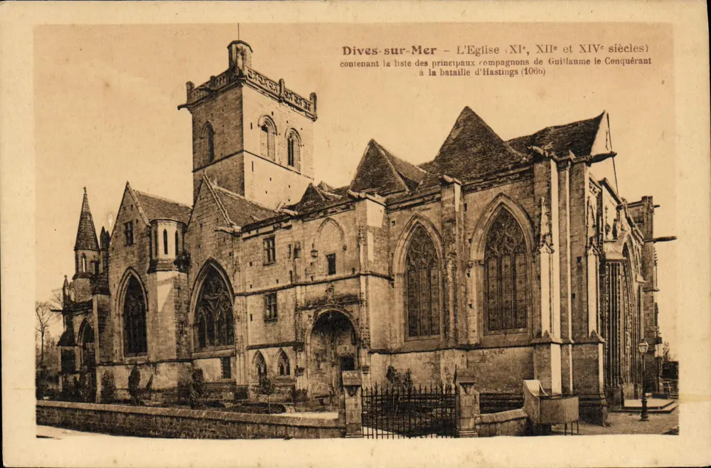 Dives-sur-Mer — A Igreja (séculos XI, XII e XIV) contendo a lista dos principais companheiros de Guilherme o Conquistador na batalha de Hastings (1066) - Frente
