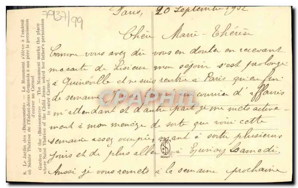 Jardim dos Bussonnets — Monumento da Criança Jesus — Santa Térêza da Criança Jesus — Editor: , n° 8 - Verso