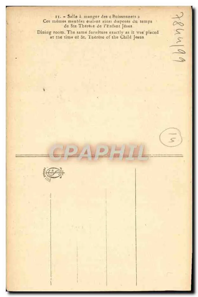 Sala de jantar dos Buissonnets — Sala de jantar da Criança Jesus — Editor não identificado, n° de série 15 - Verso