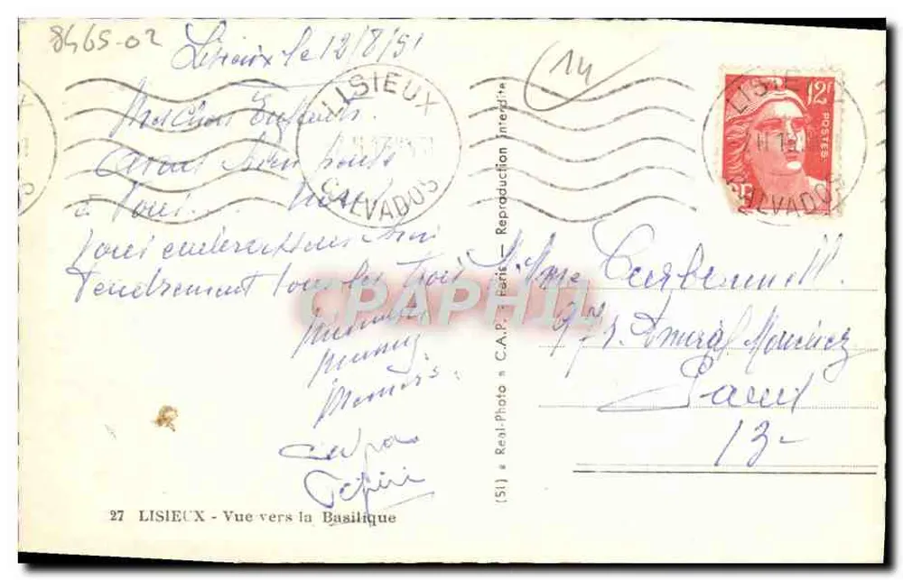 Lisieux — Vista para a Basílica — C.A.P. Paris n°27 - Verso