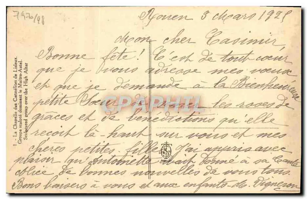 A Capela das Carmelitas de Litzar — Grupo escultórico dominando o altar-mestre — editor desconhecido, n° de série 7426/198 - Verso