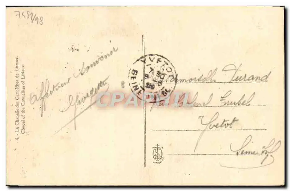 Innenansicht der Carmelitenkapelle in Lisieux — unbekannter Verlag, Nr. 4 - Rückseite