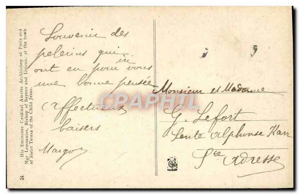 S.E. der Kardinal Amette, Erzbischof von Paris, und Mgr Lemonnier, Bischof von Bayeux und Lisieux, am Grab der Sr Thérèse de l'Enfant Jésus. - Rückseite