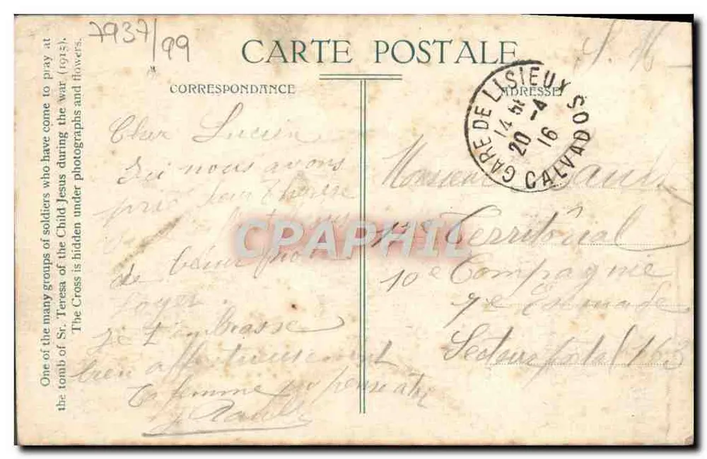 Grab der Schwester Thérèse de l'Enfant Jésus — Gebete der Soldaten während des Krieges (1915) — Verlag nicht sichtbar - Rückseite