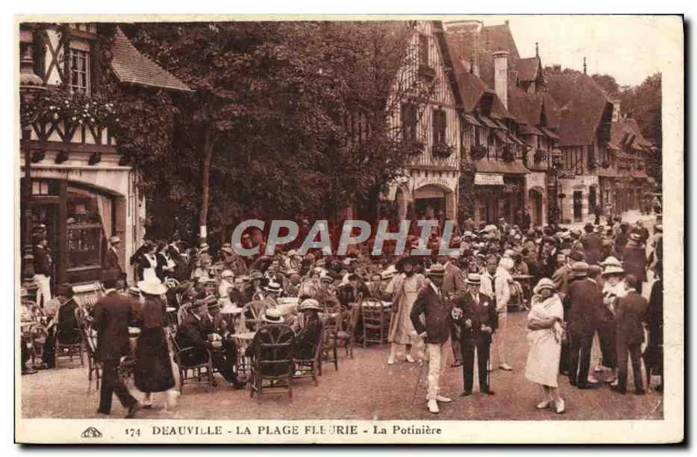 Deauville - La Plage Fleurie - La Potinière — belebte Szene mit Caféterrasse und Fachwerkgebäuden, Verlag La Potinière, n° 174 - Vorderseite