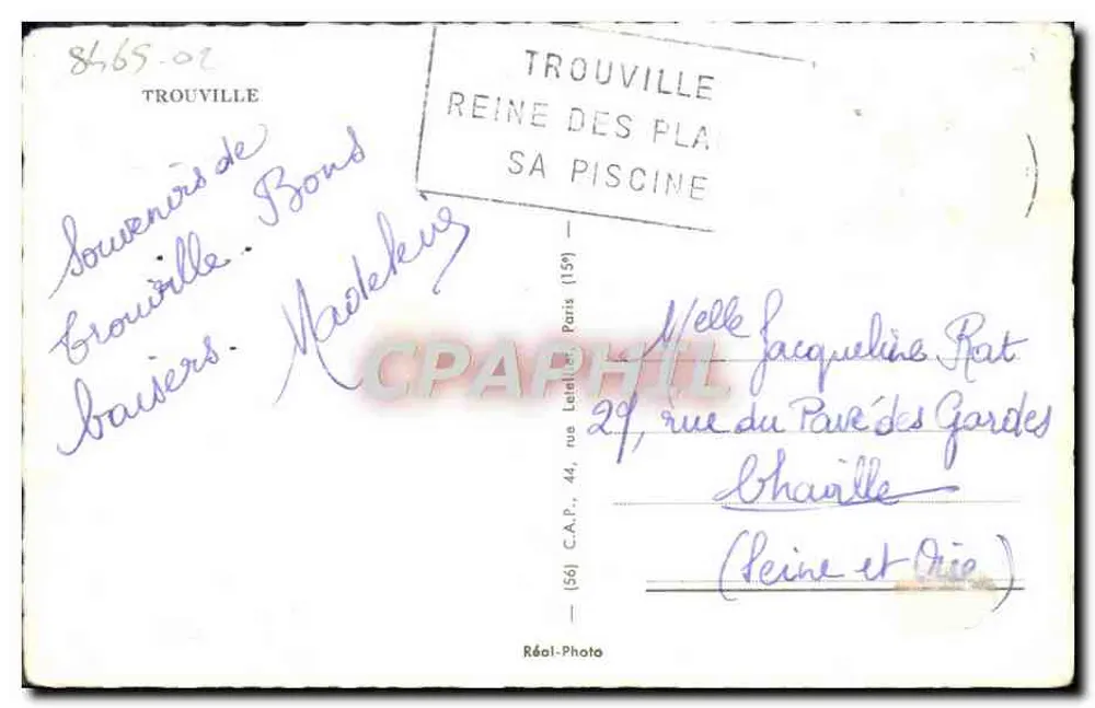 Trouville — Le Casino, La Piscine, Bassin des Yachts, La Plage — Souvenir de Trouville, éditeur Réal-Photo - Verso