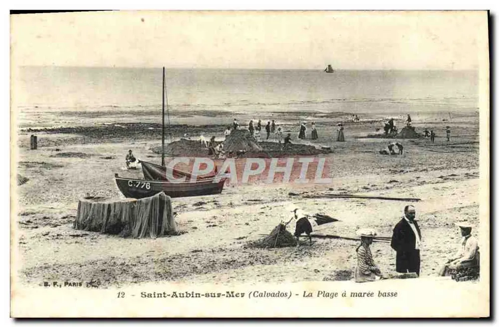 Saint-Aubin-sur-Mer (Calvados) — A Praia com maré baixa — B.F., Paris, n°12 - Frente