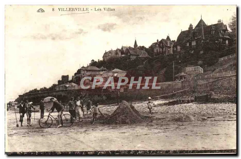 Villerville - Die Villas — Ansicht der Strand mit Einwohnern und Villen auf dem Hügel — Verlag G. Allemann, Straßburg - Vorderseite