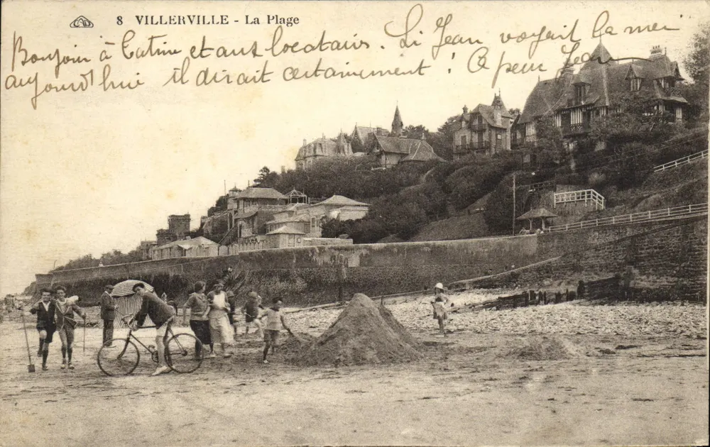 Villerville - Der Strand — Ansicht der Küste mit Einwohnern und Häusern auf dem Hügel — anonymer Verleger, Nr. 8 - Vorderseite