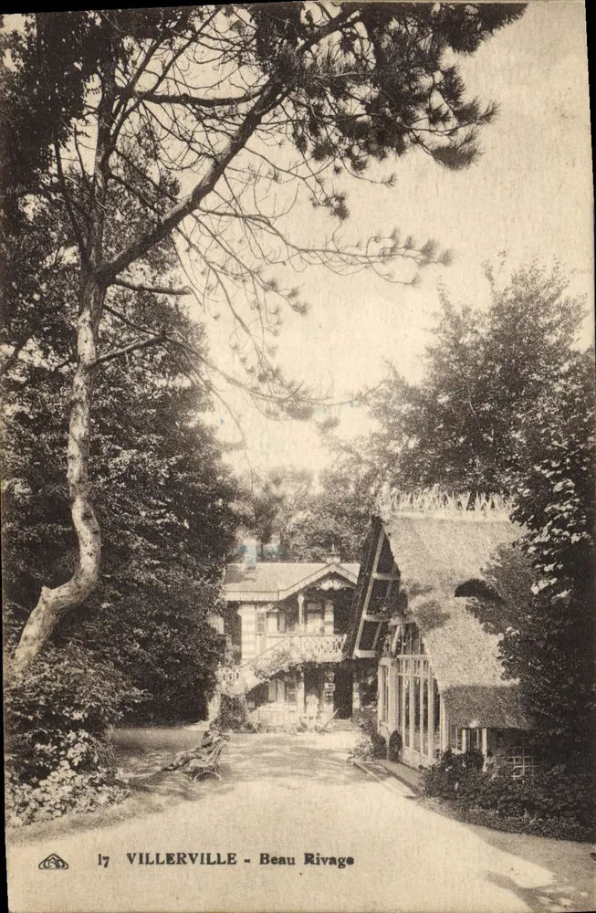 Villerville - Beau Rivage — maison à toit de chaume et chemin bordé d'arbres, éditeur 'Villerville - Beau Rivage' n°17 - Frente