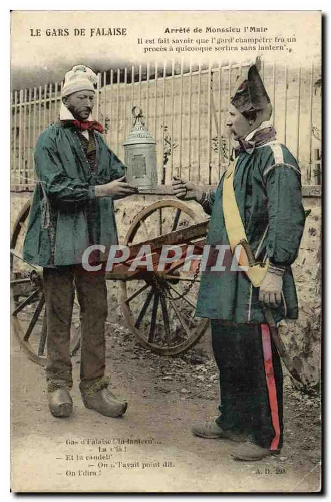 Der Mann aus Falaise — humorvoll dargestellte Szene mit zwei Männern in traditionellen Kleidern neben einem Wagen — Verlag A. D. 268 - Vorderseite