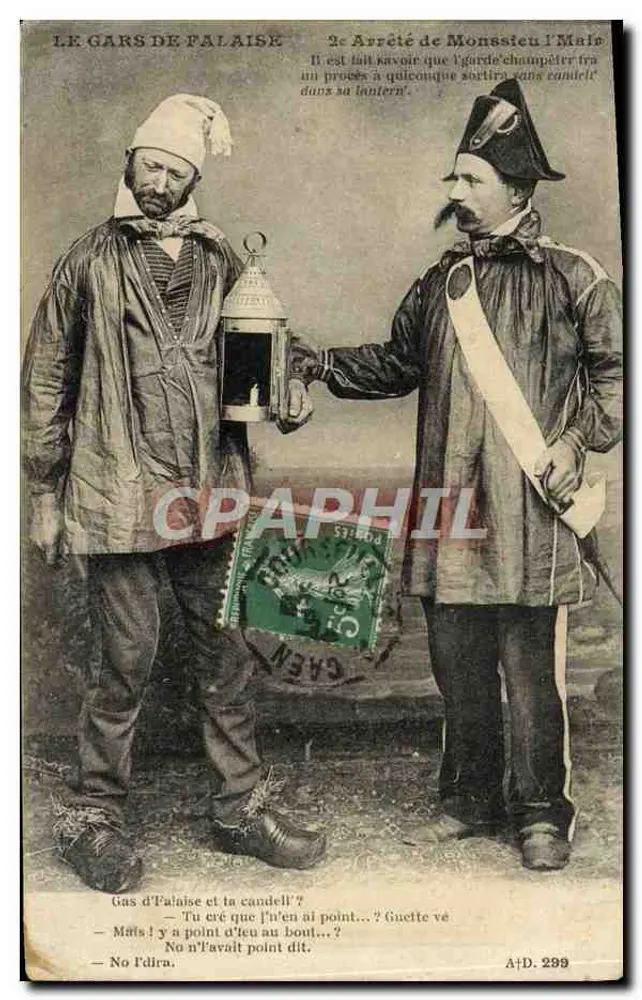 Le Gars de Falaise — humoristische Szene mit zwei Männern und einer Laterne — Verlag A. Lutbeq, Katalog Communes (Catacasse) — Nr. A+D. 299 - Vorderseite