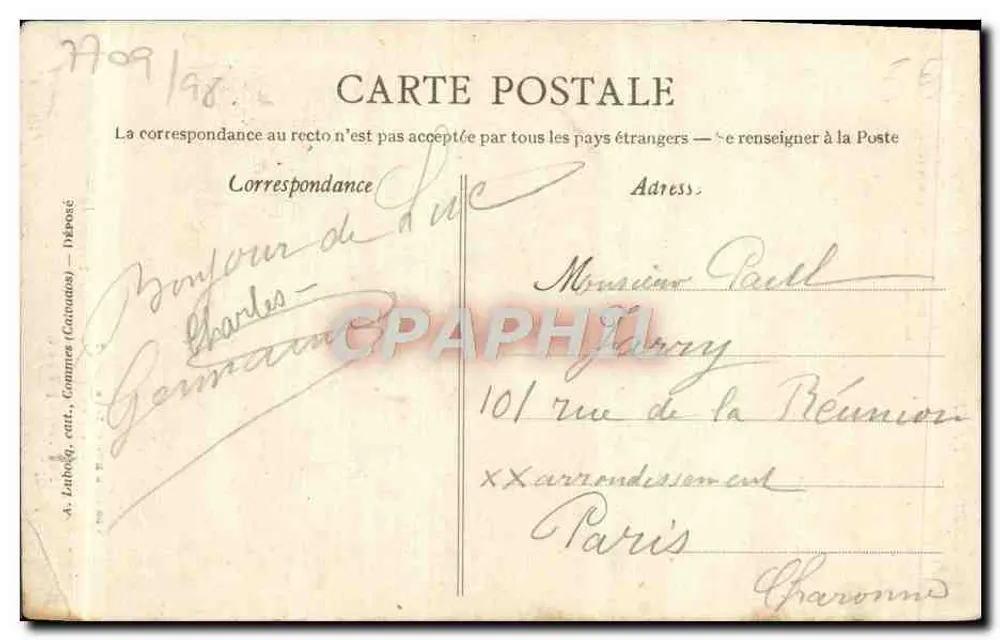 Le Gars de Falaise — humoristische Szene mit zwei Männern und einer Laterne — Verlag A. Lutbeq, Katalog Communes (Catacasse) — Nr. A+D. 299 - Rückseite